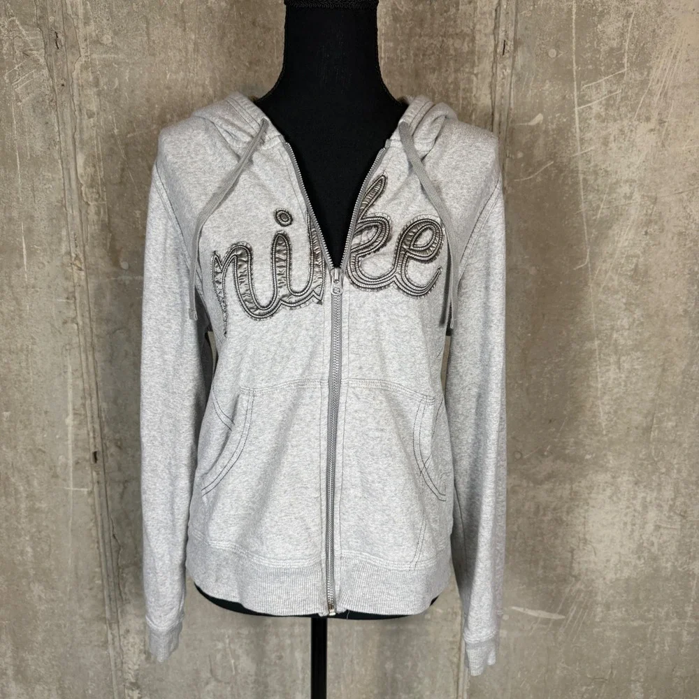 Nike Womens Full Zip Hoodie Gray Script Logo Fleece Jacket‎ Large L 12-14